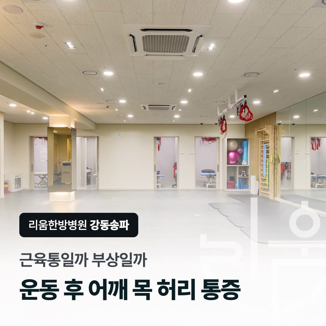 리움한방병원 강동송파 재활치료 공간을 배경으로 한 칼럼 썸네일. 근육통일까 부상일까, 운동 후 어깨 목 허리 통증